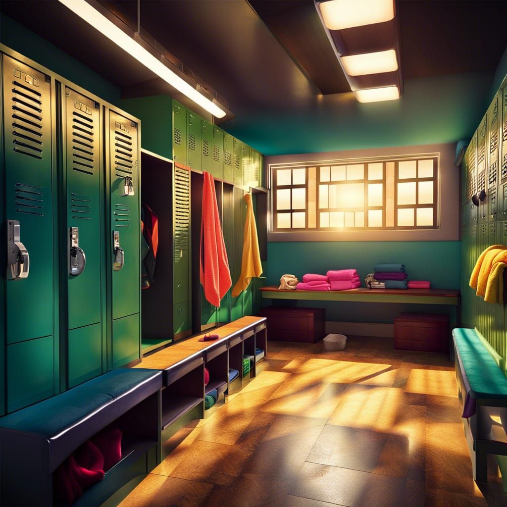Vibrant Locker Room Scene with Open Lockers