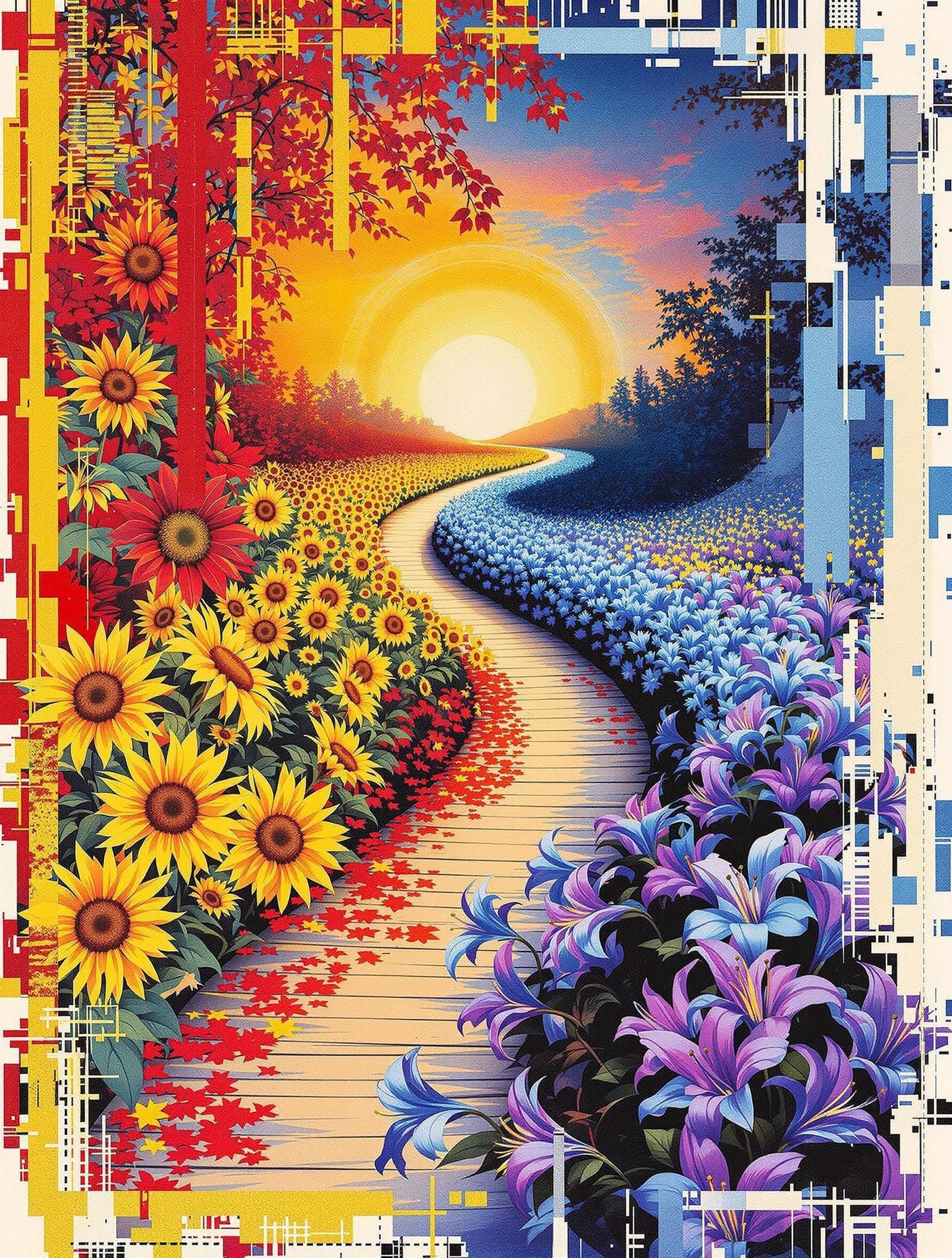 Cosmic Floral Dance in Digital Glitch