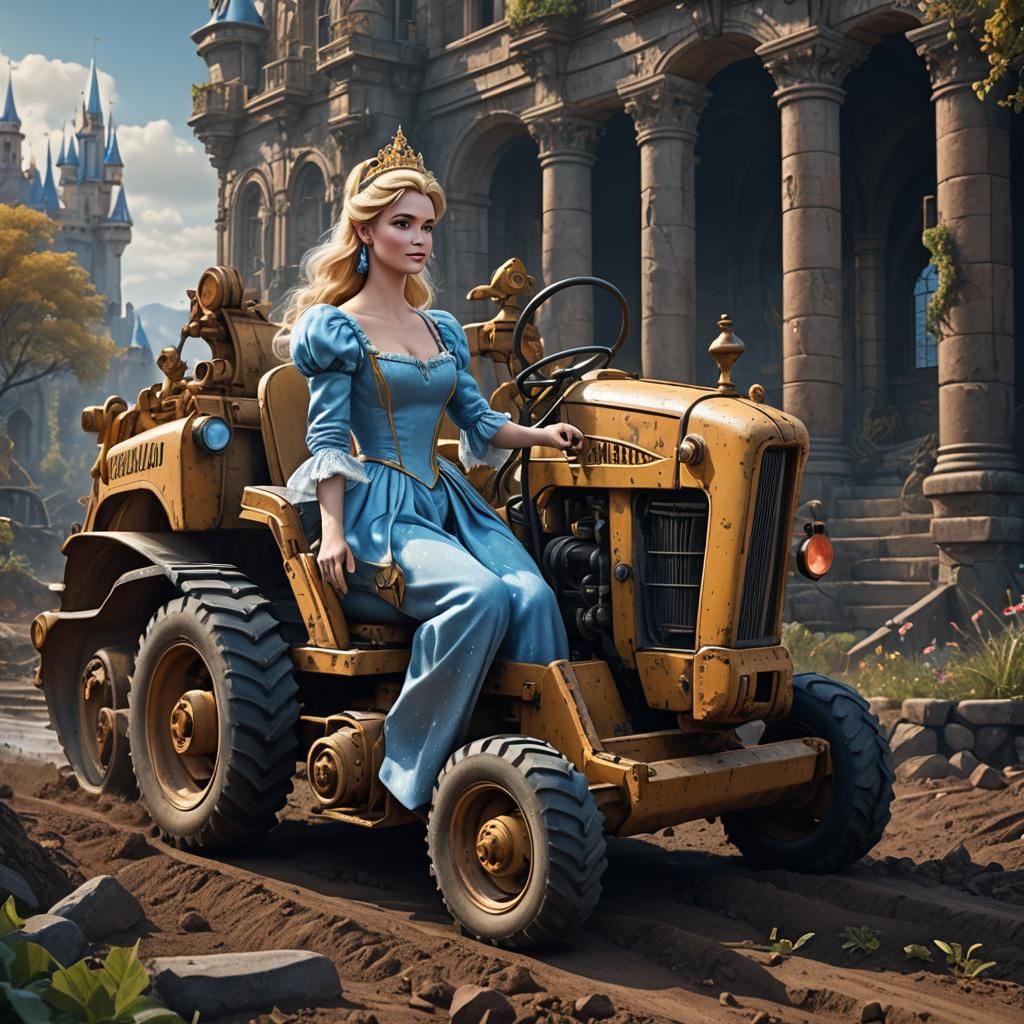 Cinderella Driving a Backhoe in Detailed Digital Art