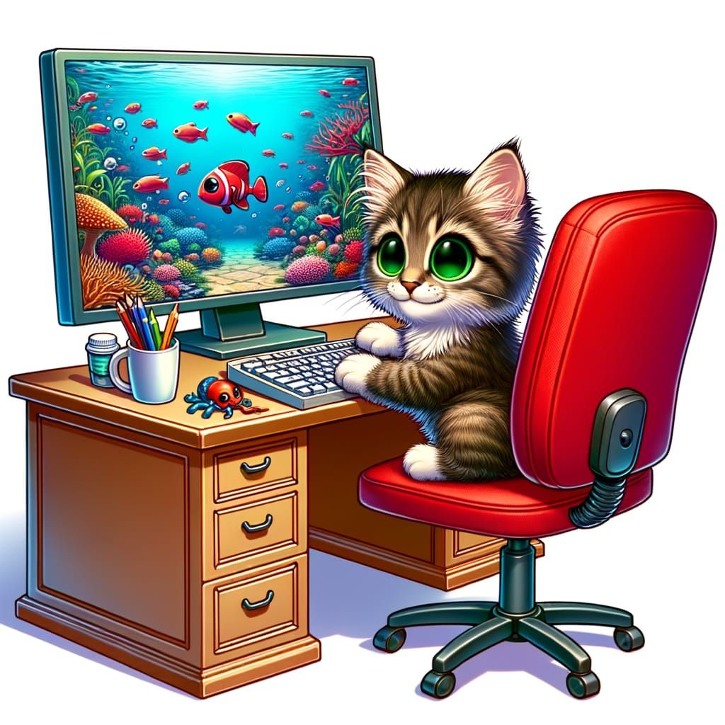 A cute cartoon kitten sits on a red office chair,