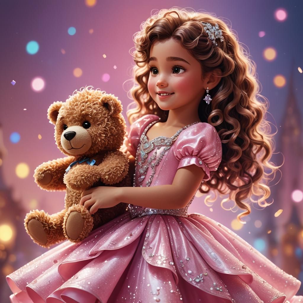 Girl Dancing with Teddy Bear in Pixar 3D Style