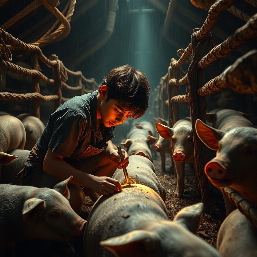 Parodical Son in Pig Pen: Epic Cinematic Digital Art