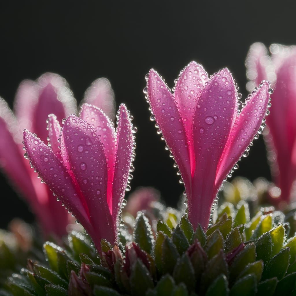 Pink Flowers in Bloom with Morning Dew