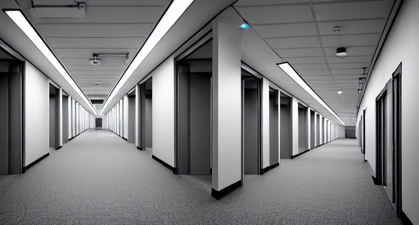 Office Hallway with Cinematic Lighting, Anime Style