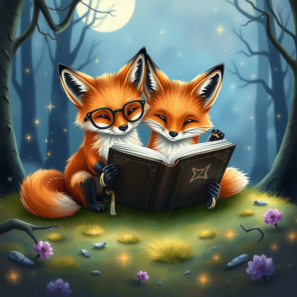 Fox Kits Reading Book in Mystical Forest