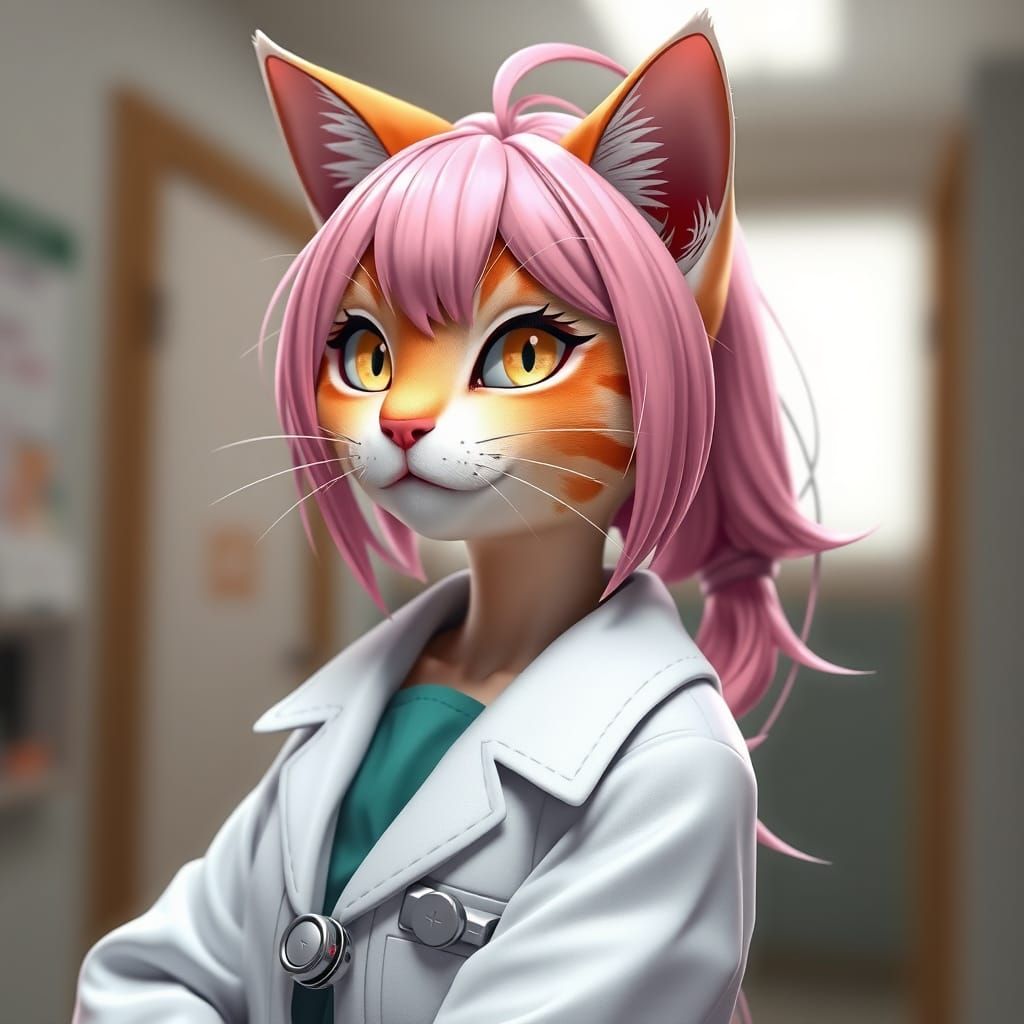 Vibrant Anime Doctor with Orange Tabby Cat Girl Features