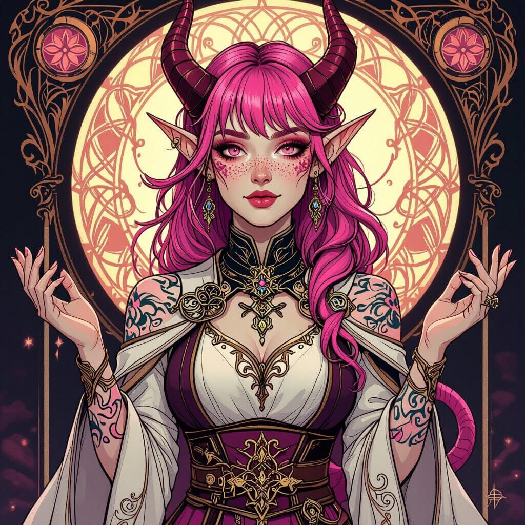 Tiefling Cleric with Pink Hair in Neo-Classical Fantasy Styl...