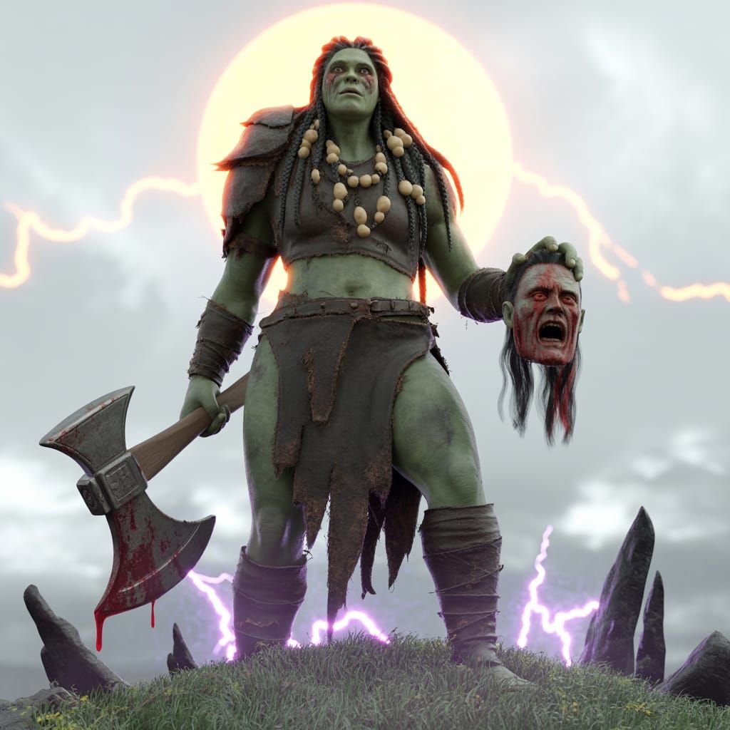 Female Troll Warlord with Ax and Head on Hillock