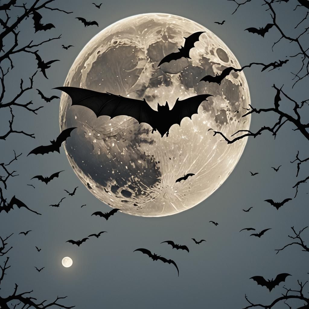 Bat Silhouette on Full Moon in Hyperrealistic Style