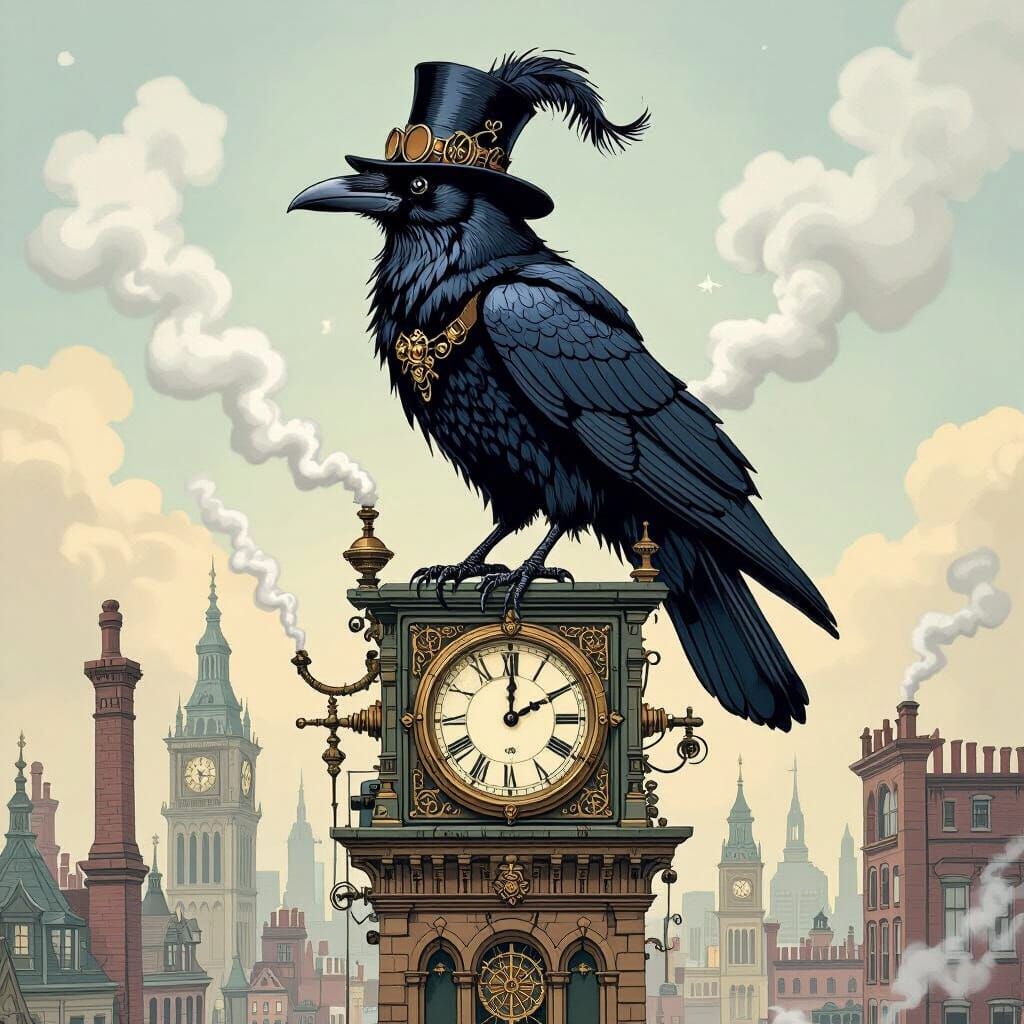 Steampunk Raven on Clock Tower, Children's Book Illustration