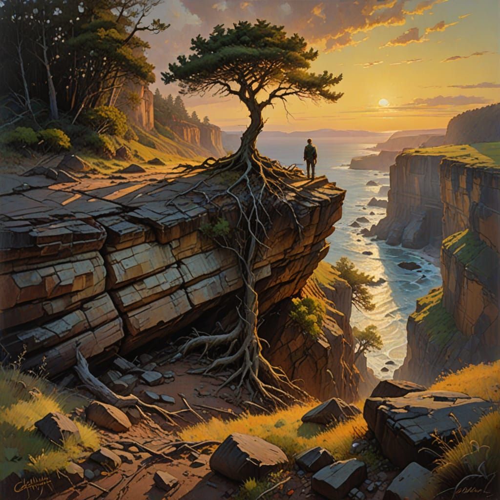 Cliffside Figure Embraces Roots in Oil Painting