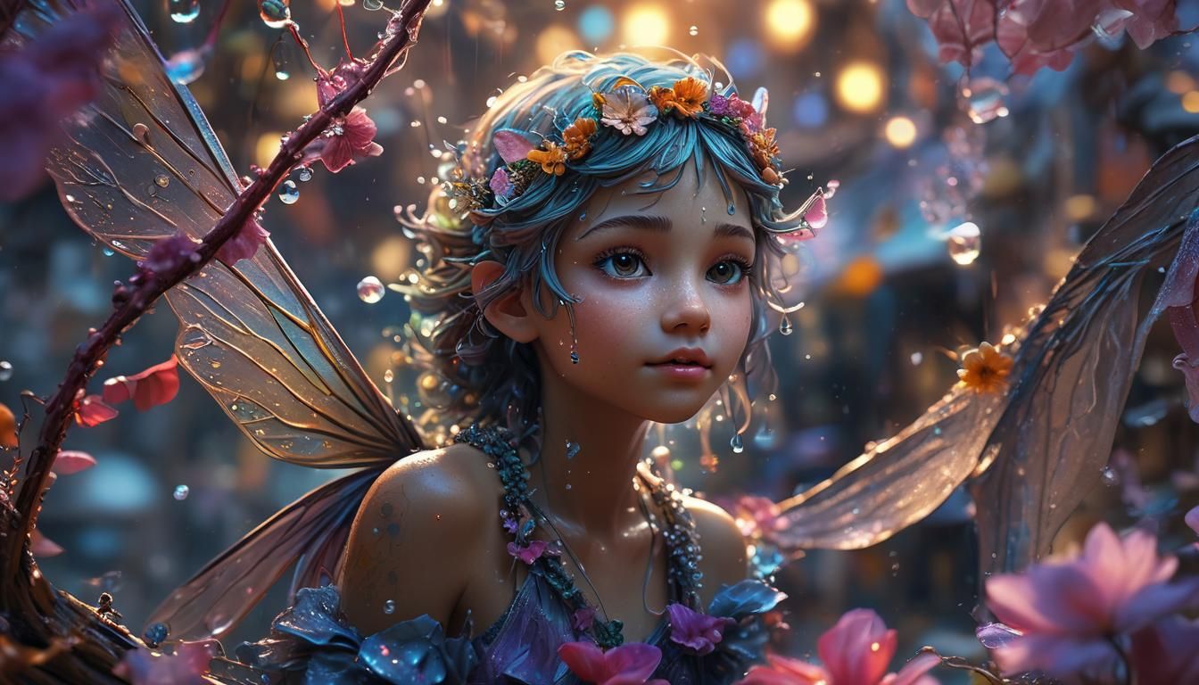 Iridescent Dewdrop Fairy on Bioluminescent Flower