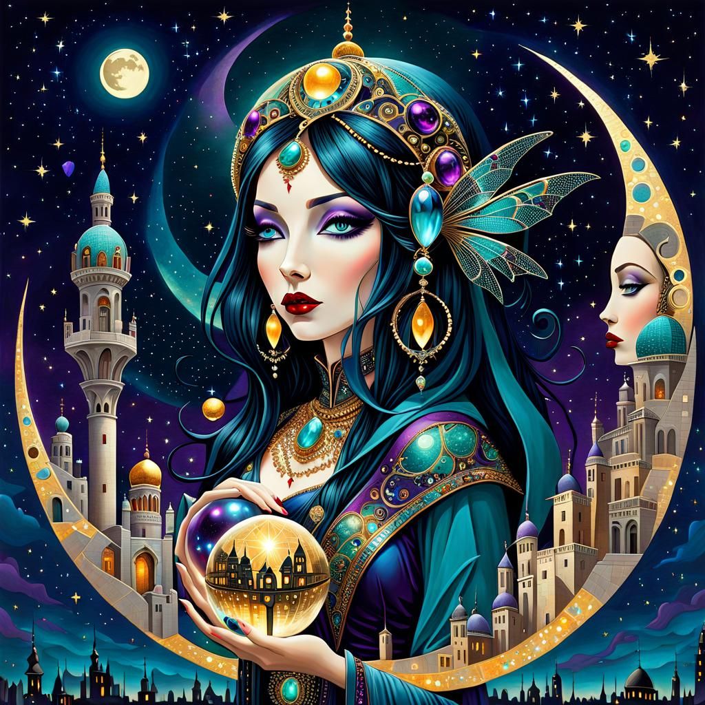 Enigmatic Woman with Orb in Whimsical Mosaic