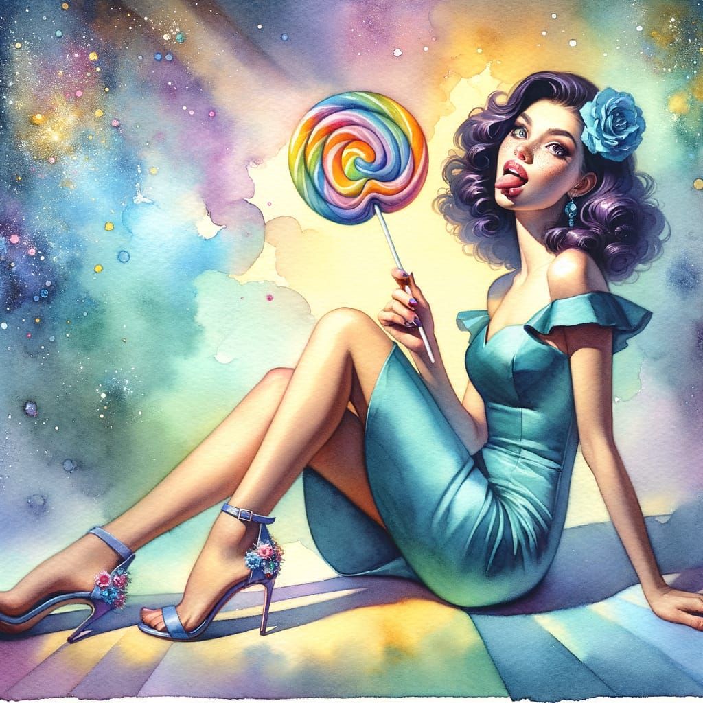 Vibrant Watercolor Painting of Woman with Rainbow Lollipop