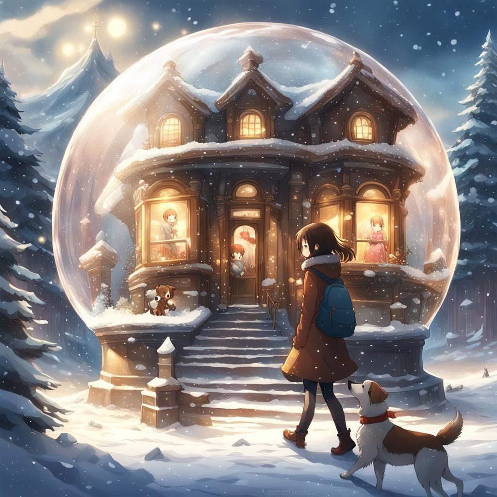 Girl and Dog in Snow Globe, Anime Style