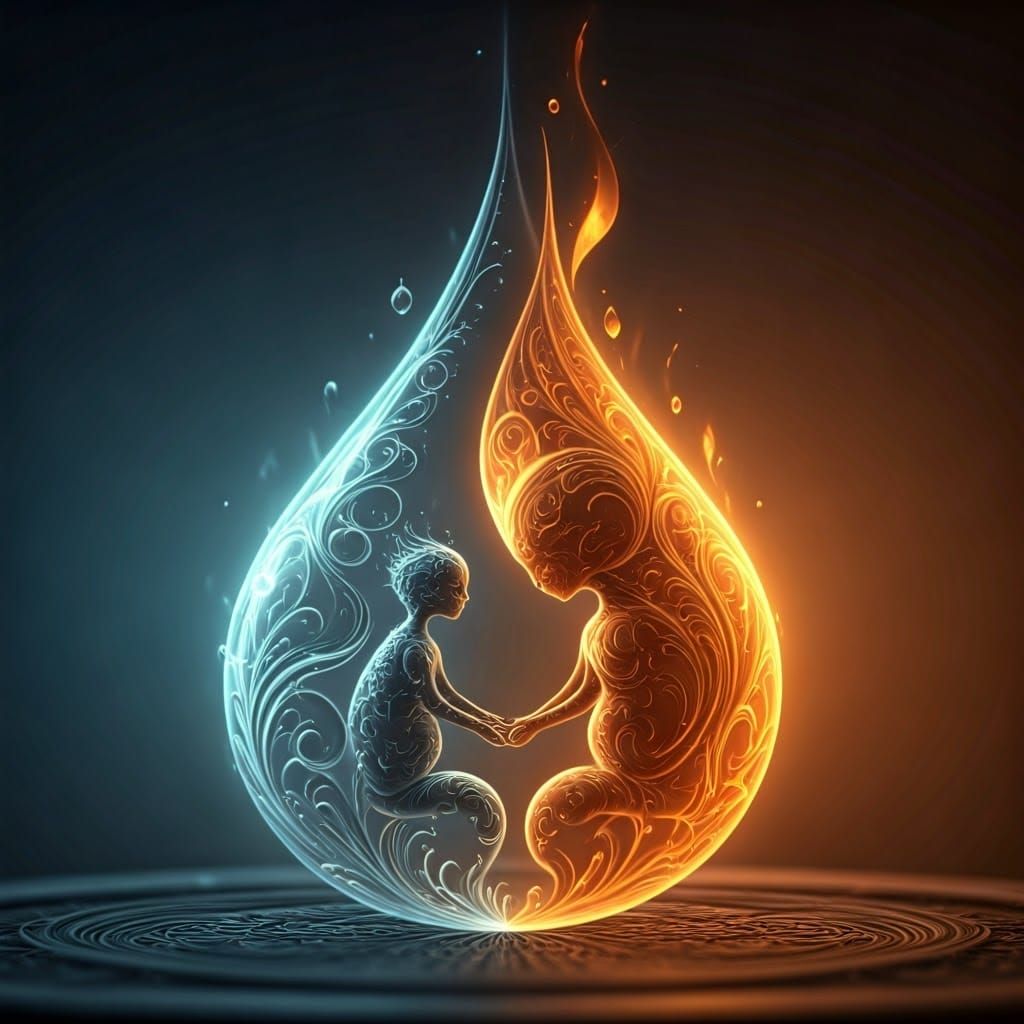 Flame and Water Droplet Holding Hands in Dreamy Mist