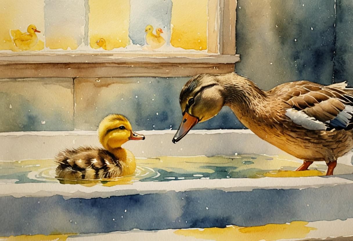 Watercolor Duck Family Bath Time Scene