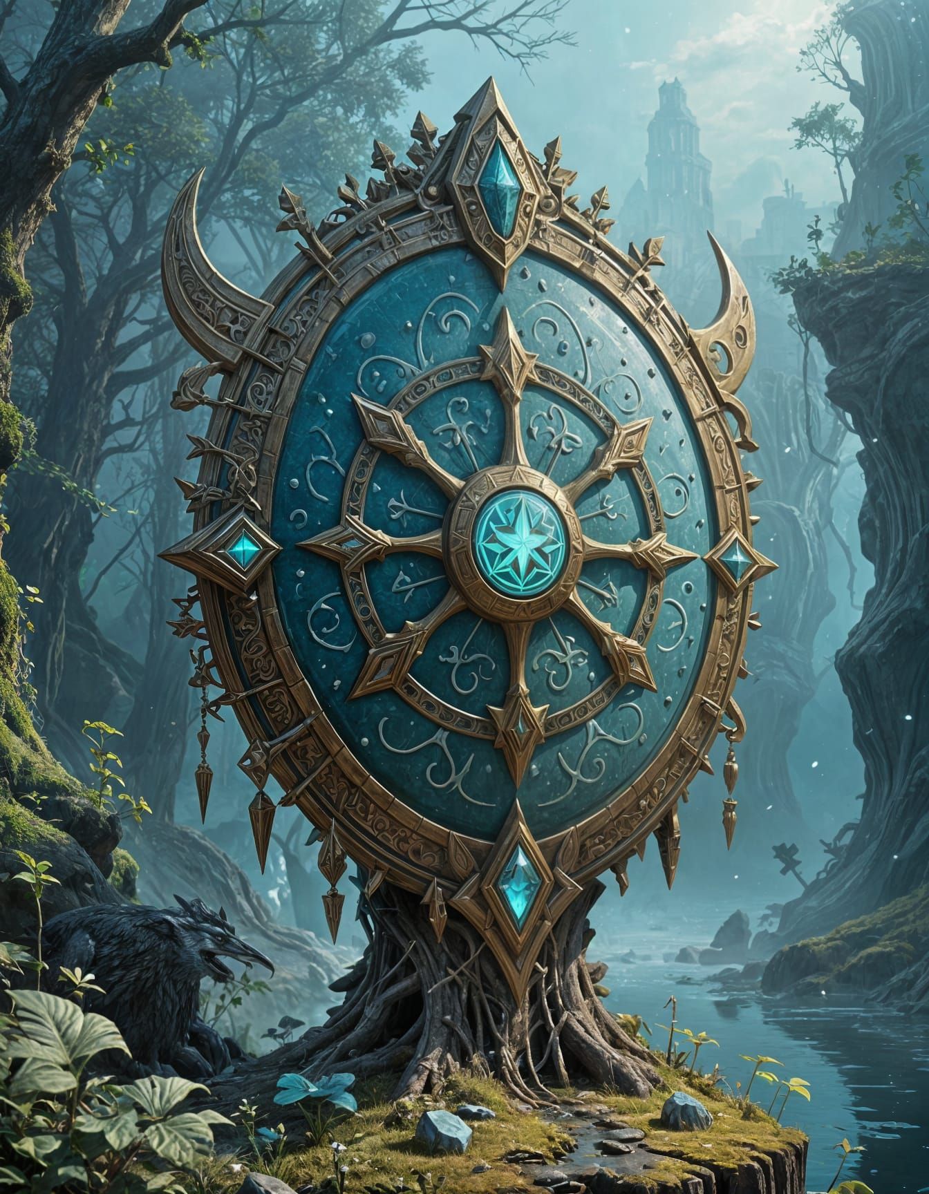 Glowing Fantasy Shield in Enchanted Realm