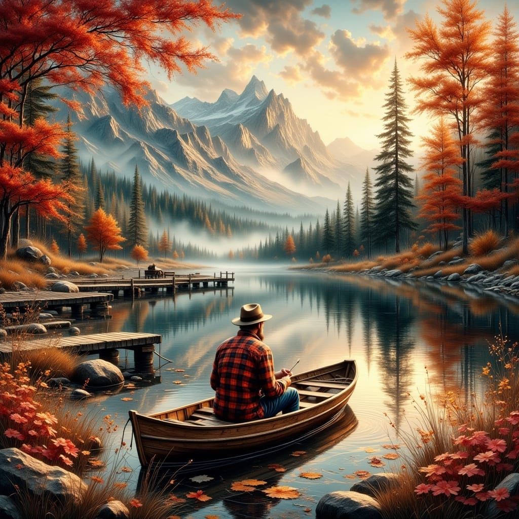 Fisherman on Autumn Lake in Antique Watercolor Style