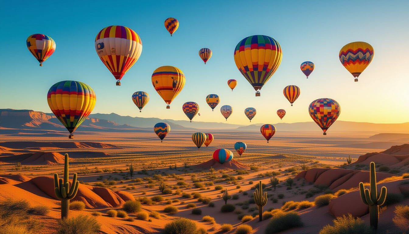 Hot Air Balloons Rise Over Desert Sunrise