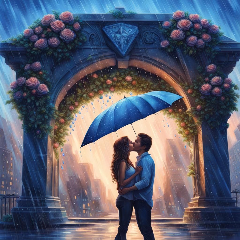 Kissing Couple Under Blue Roses in Diamond Rain