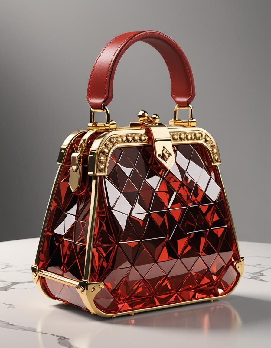 A glass bag made of red crystal with gold trim and a brown l...