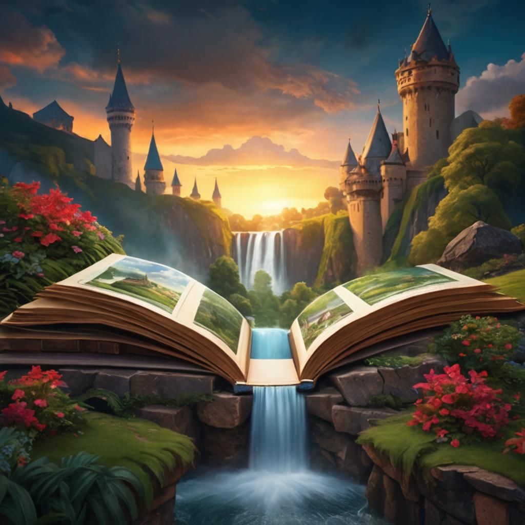 Magical Waterfall Flows From Open Book in Fantasy Landscape