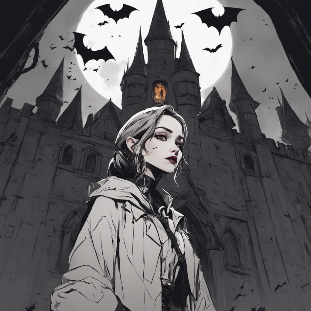 Gothic Vampire Girl in Castle, Vector Art Style