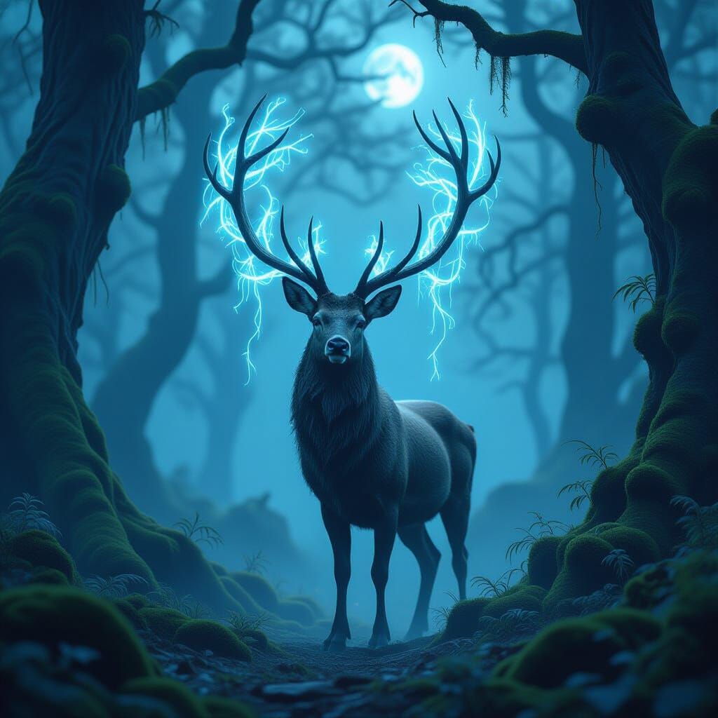 Majestic Stag with Celestial Vines in Moonlit Forest