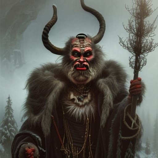 Old World Krampus Portrait in Hyperrealistic Style