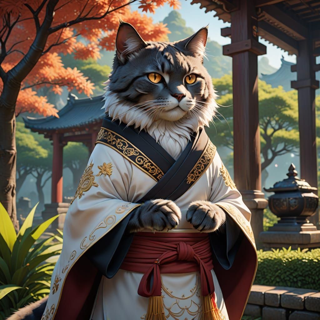 Vibrant Half-Cat Monk in Shaolin Attire