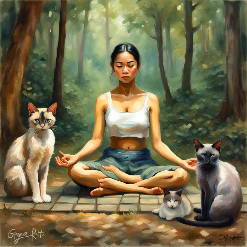 Thai Woman Meditating in Forest: Impressionist Style