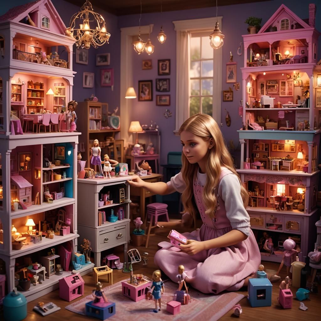 Young Girl Playing with Dolls: Detailed Matte Painting