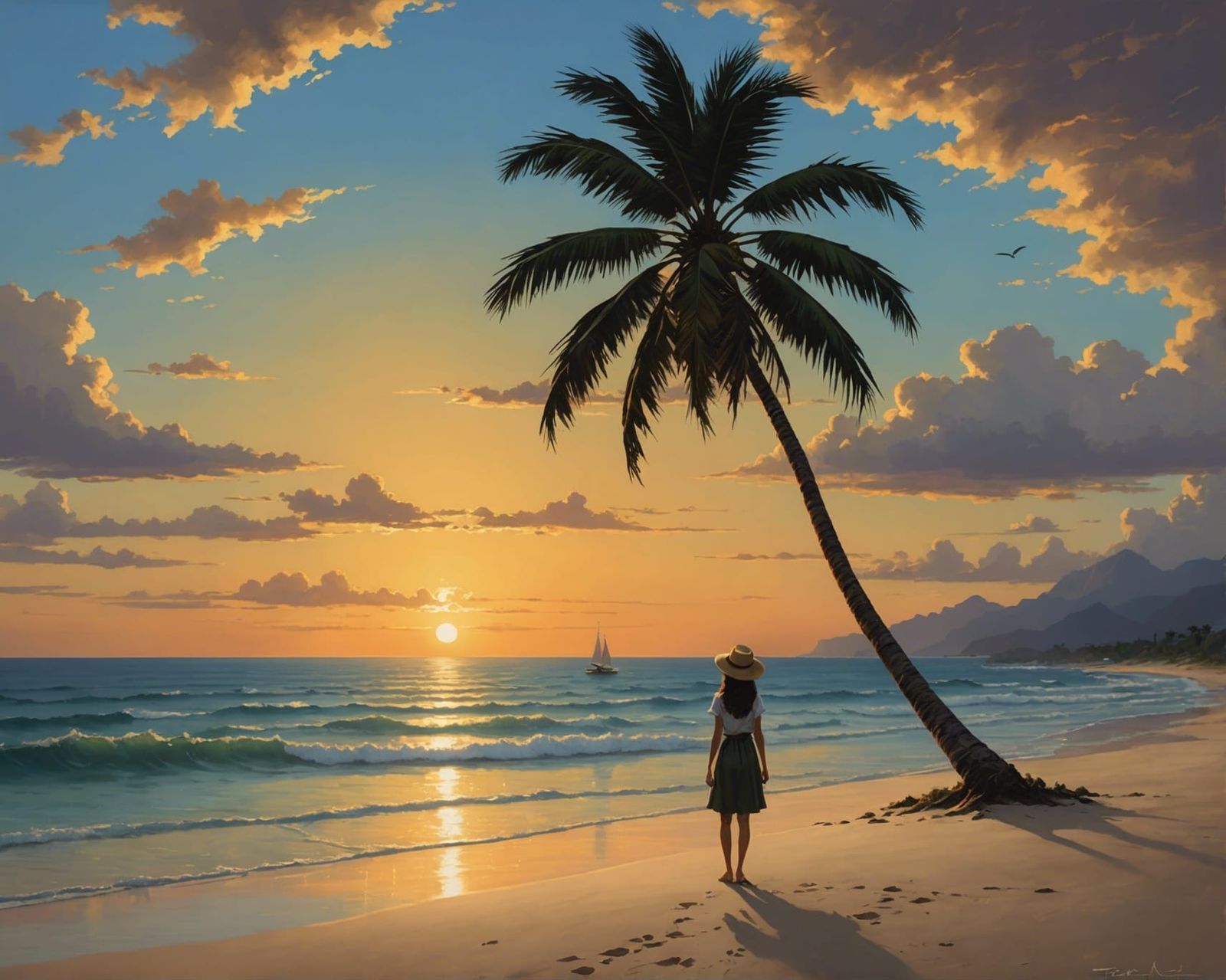 Romantic Beach Sunset Oil Painting
