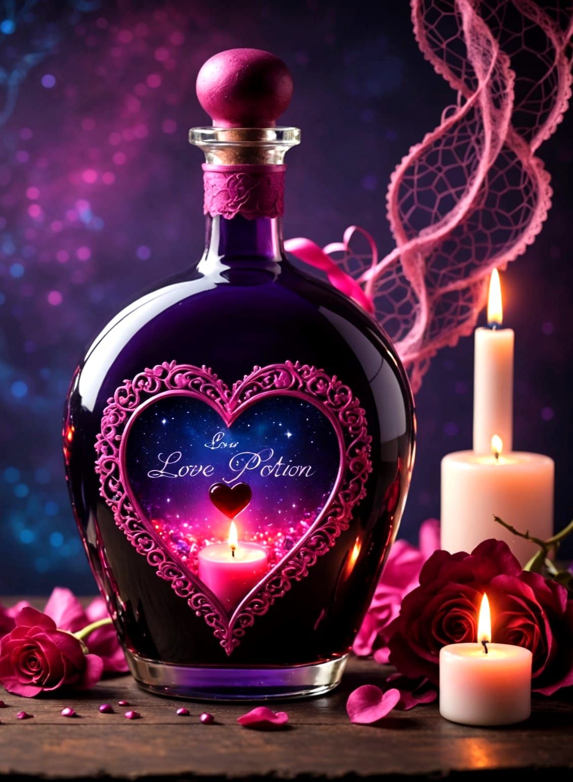 Elegant Love Potion Bottle with Romantic Candlelit Backgroun...