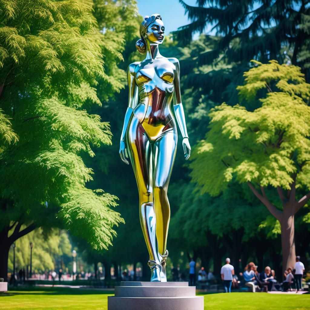 Metal Statue of a Party Girl in City Park