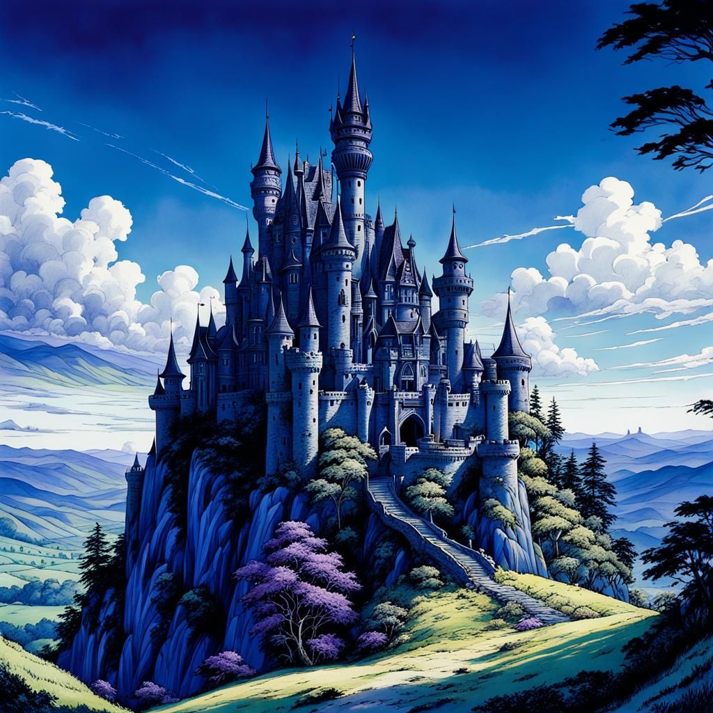 Purple Castle on Blue Hills in Anime Style
