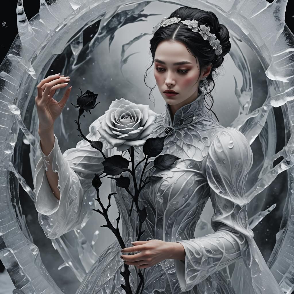 Icy Woman Reaching for a Black Rose