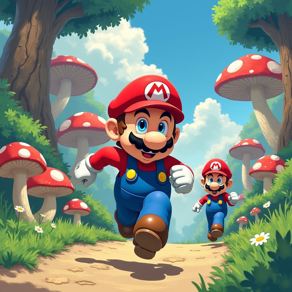 Mario Bros in Ghibli-Inspired Anime Style