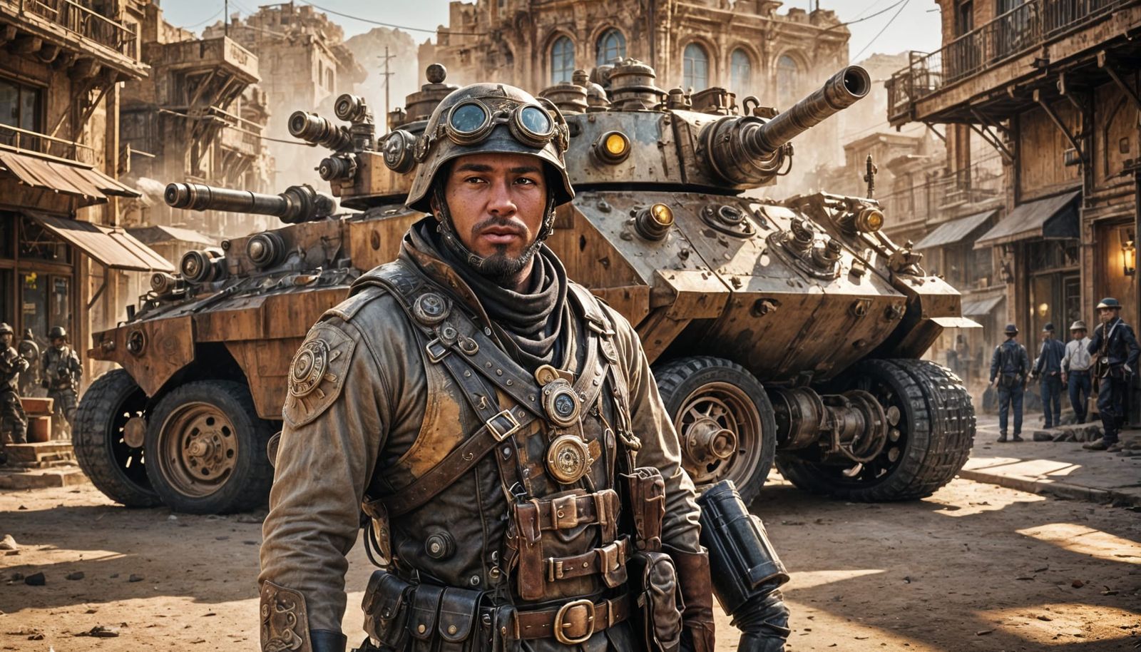 Steampunk Soldier and Tank in Desert City, 3D Render