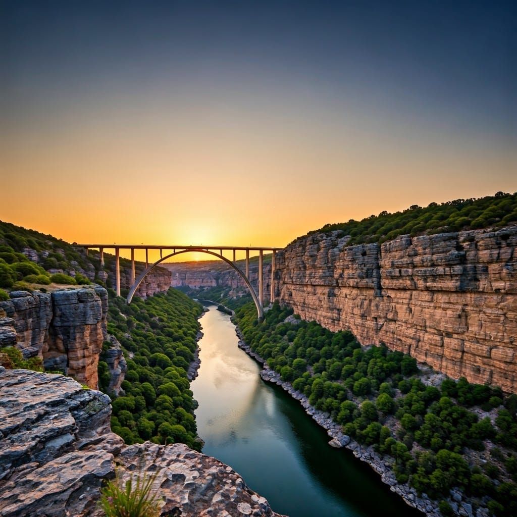 Sunset Over River Gorge With Bridge