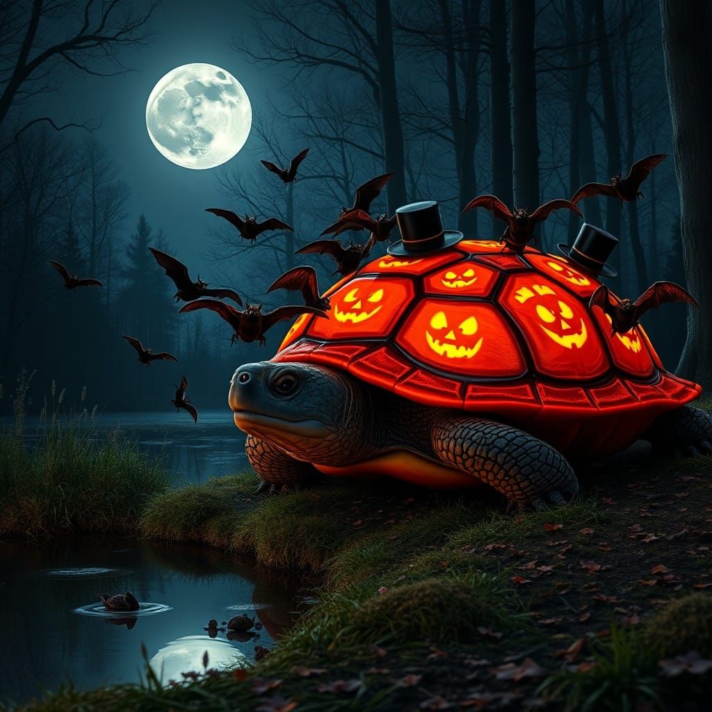 Ghostly Moonlit Night with Luminous Turtle