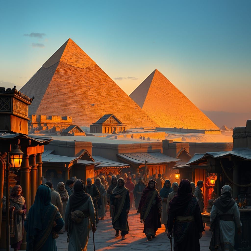 Ancient Egyptian Twilight Marketplace Scene in Vibrant Fauvi...