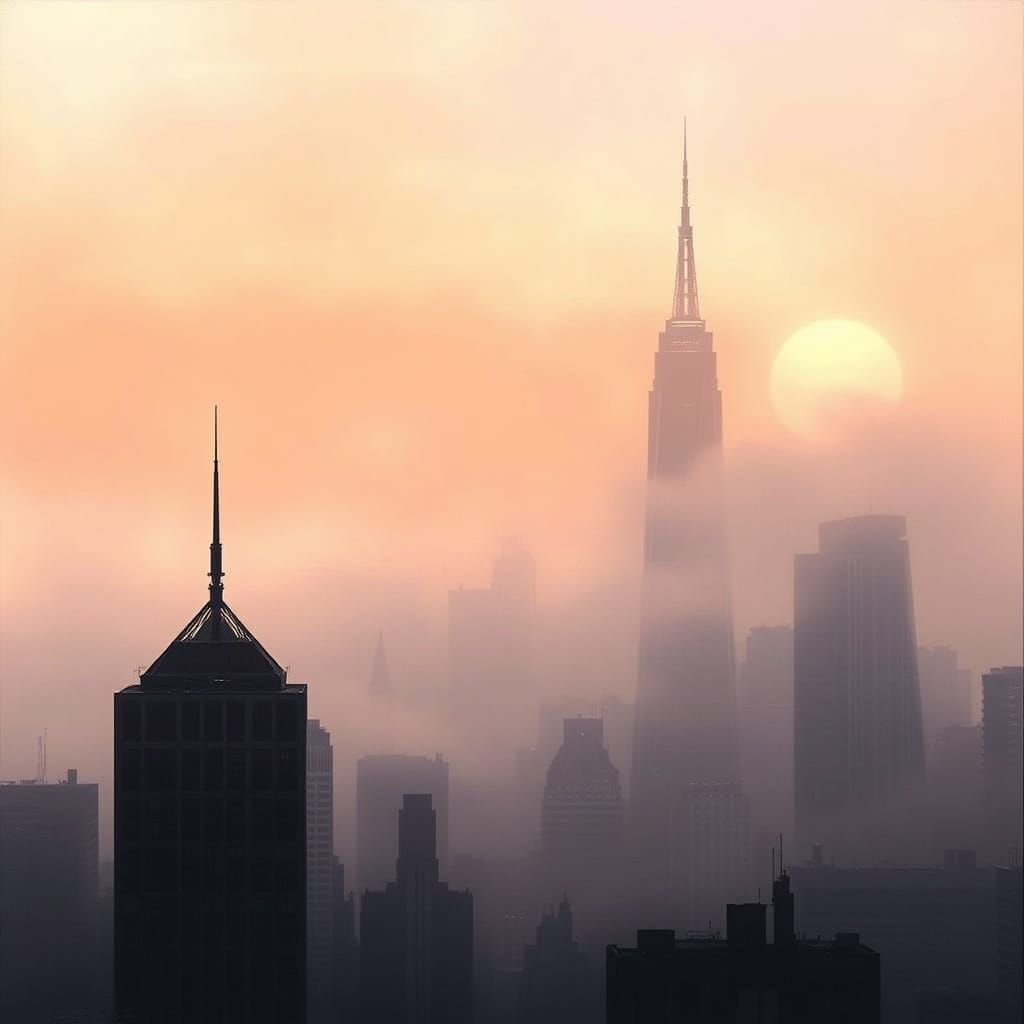 Cityscape Awakens Through Velvety Fog at Sunrise