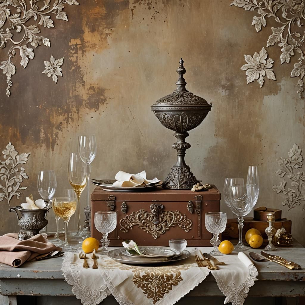 Antique Table Setting in Mailbox, Watercolor Style