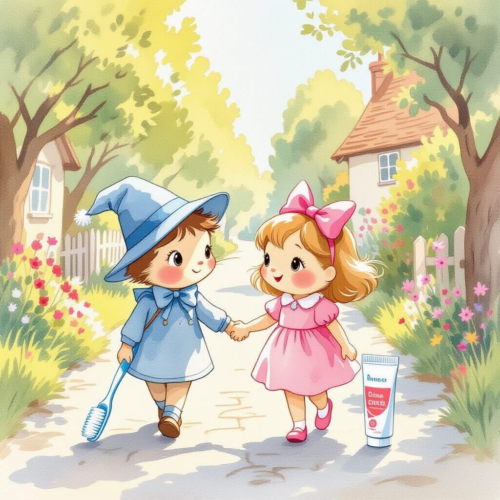 Toothbrushes Walking in Sunny Lane: Whimsical Watercolor Art