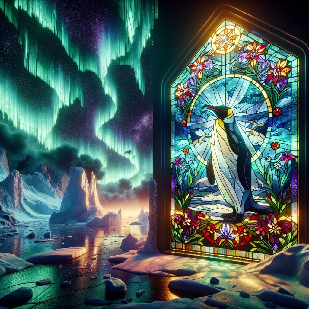 Stained Glass Penguin Mural Under Northern Lights