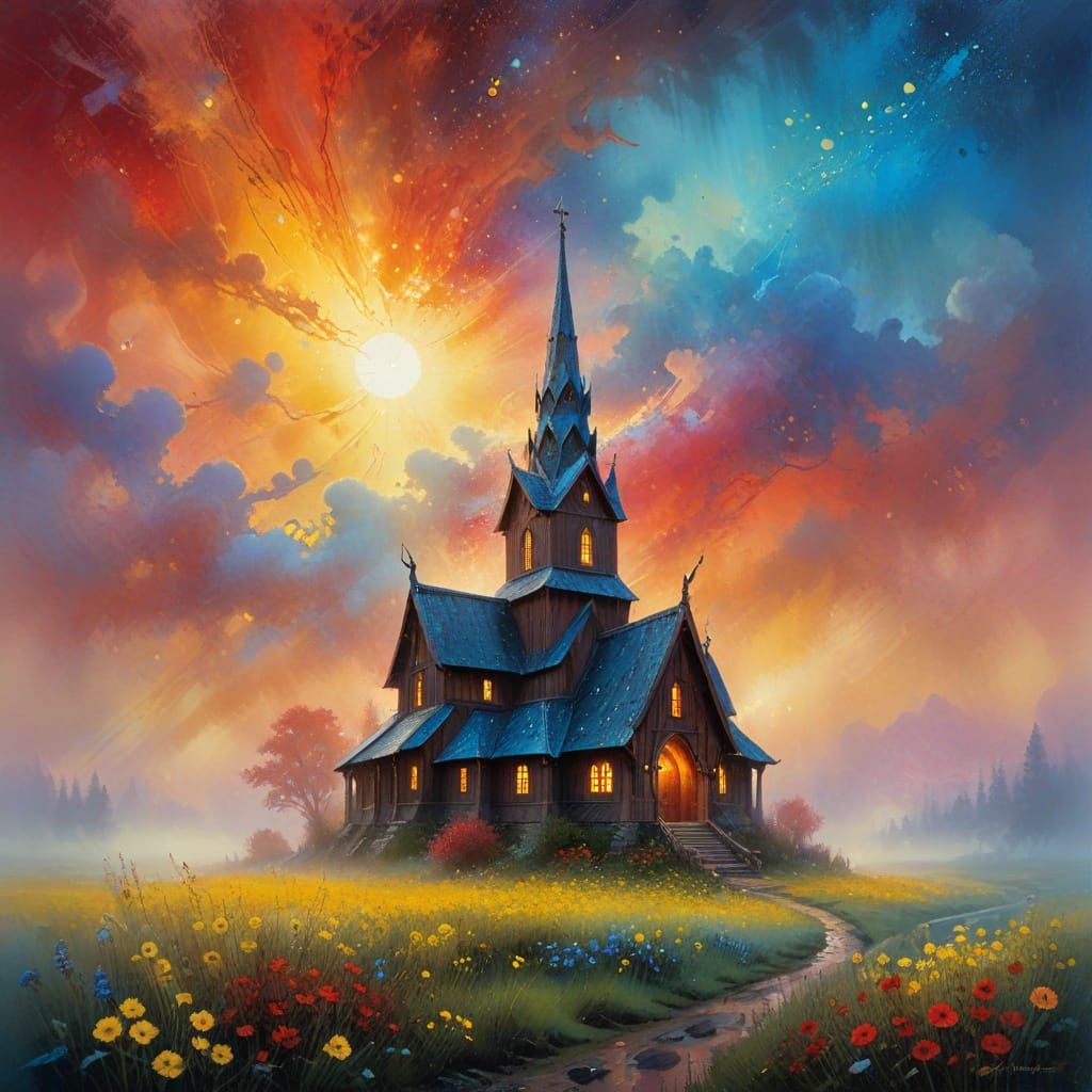 Ethereal Norse Stave Church in Vibrant Foggy Dawn