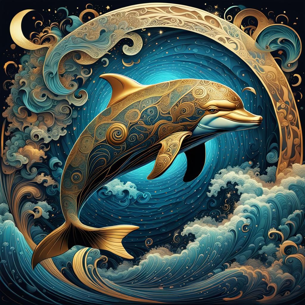 Abstract Dolphin in Fractal Waves: Comic Book Art
