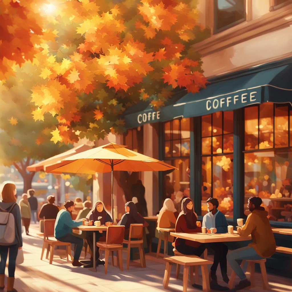 Coffee Shop Scene in Autumn, Photorealistic Digital Art